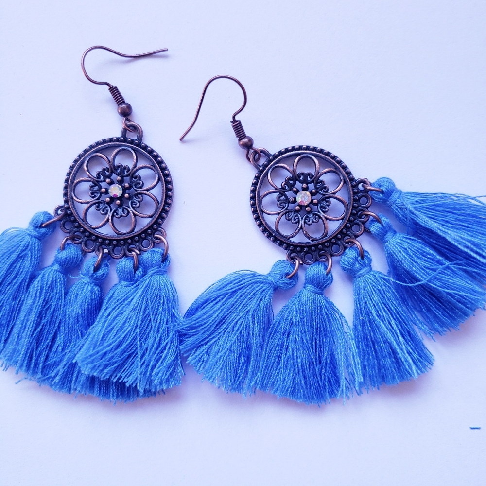 Boho Style Blue Tassel Earrings